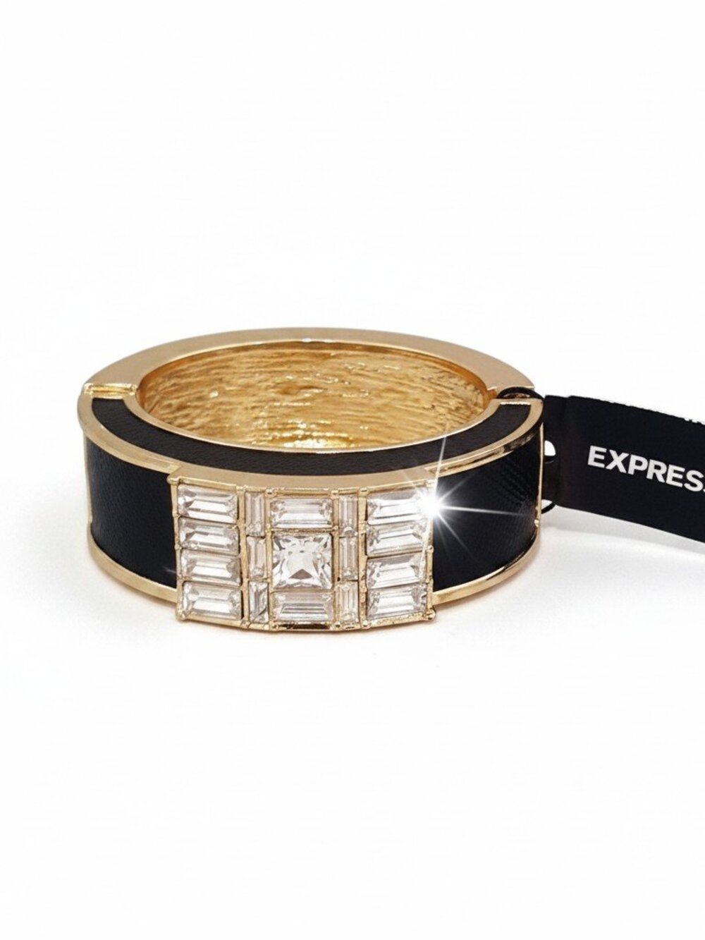 Express Gold Plated Faux Leather Chunky Rhinestone Statement Bangle Bracelet
